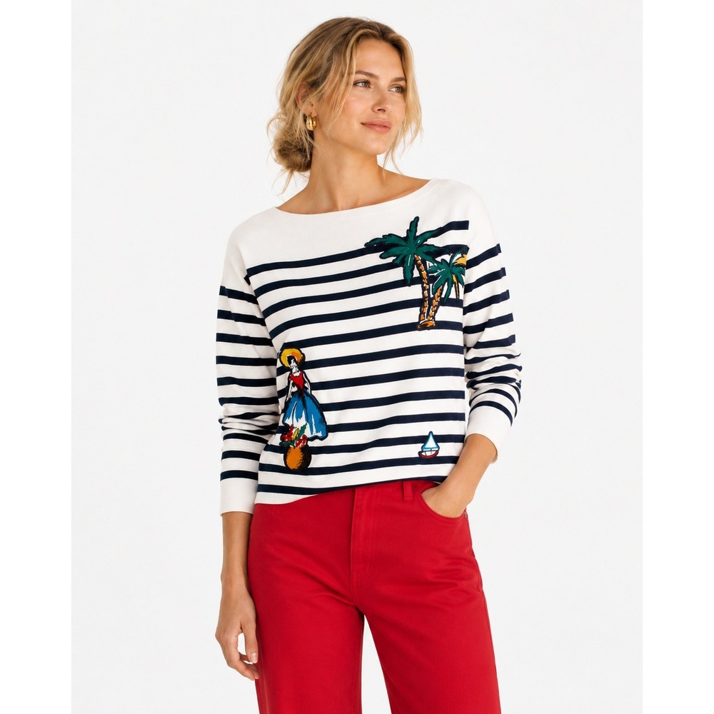 J. Crew Striped‎ Cotton Sweater with Cabana Patches Size XXS Coastal Nautical